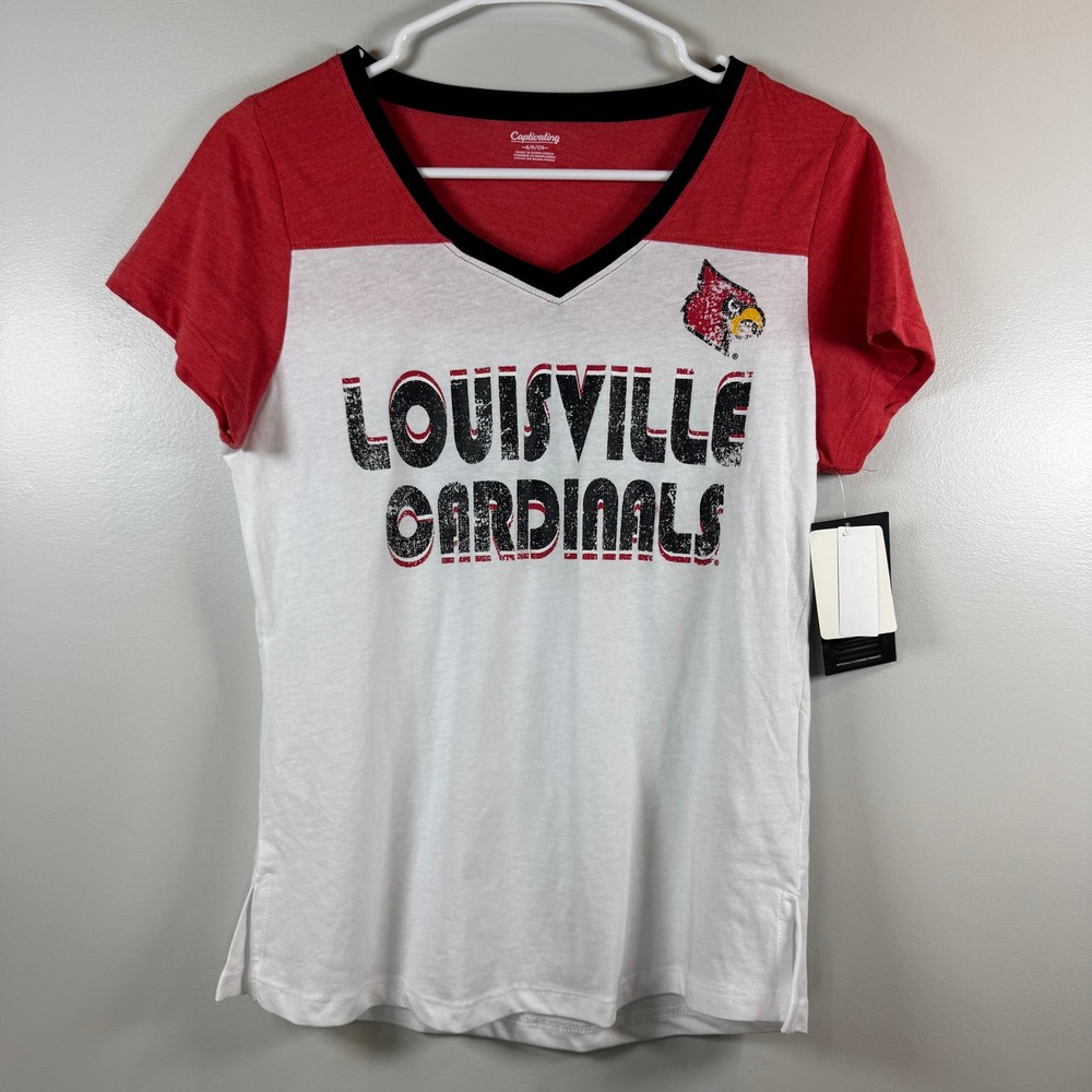 Louisville Cardinals V-Neck Tee Womens M Red White Colorblock Fan Gear Sporty